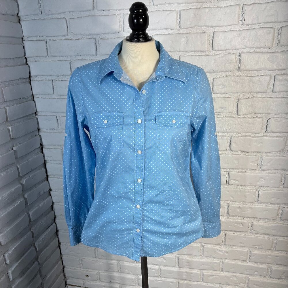 L.L. Bean Ladies Size Medium Regular Blue w/ White Polka Dots Shirt